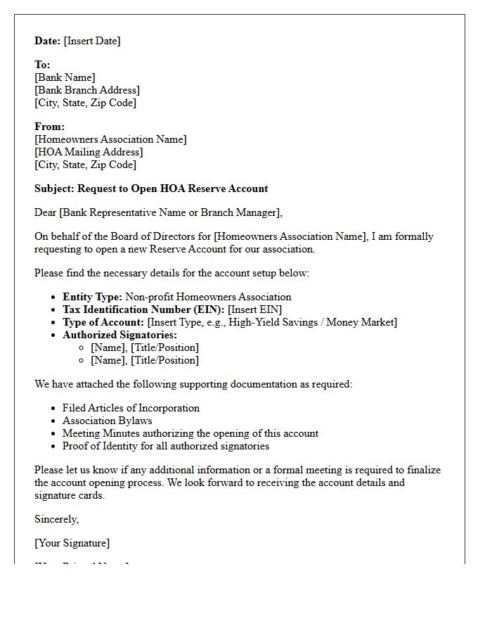 Official Letter to Open Homeowners Association Reserve Account