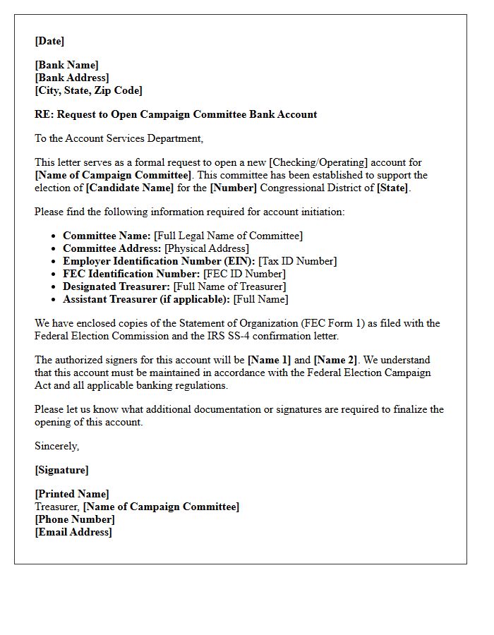 Letter of Request for Congressional Campaign Finance Committee Account Opening