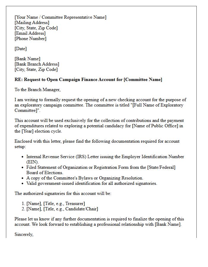Letter of Request for Exploratory Campaign Finance Committee Account Opening