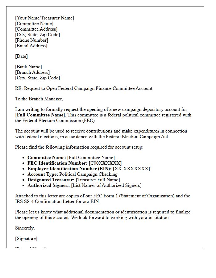 Letter of Request for Federal Campaign Finance Committee Account Opening