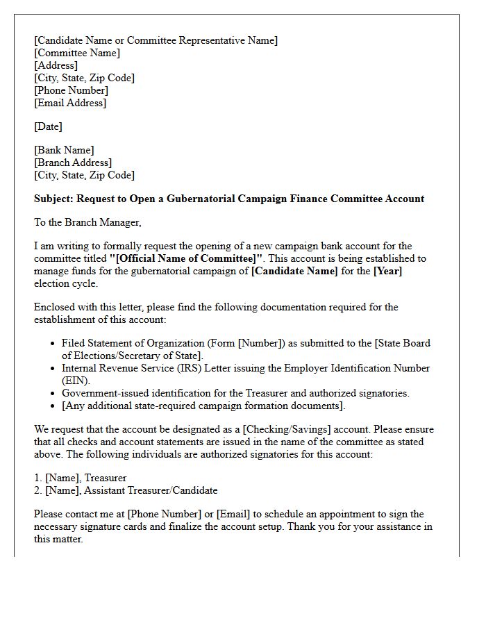Letter of Request for Gubernatorial Campaign Finance Committee Account Opening