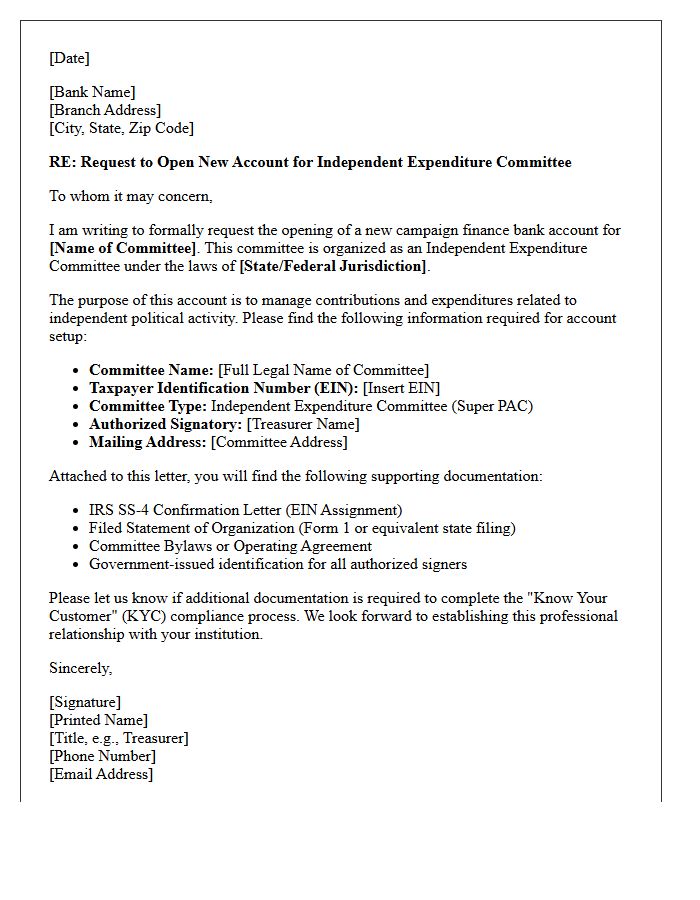 Letter of Request for Independent Expenditure Campaign Finance Committee Account Opening