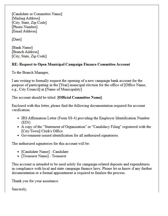 Letter of Request for Municipal Campaign Finance Committee Account Opening