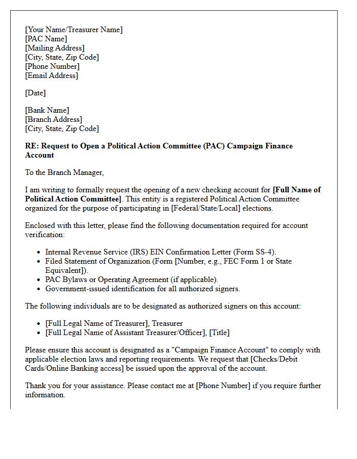 Letter of Request for Political Action Committee Campaign Finance Account Opening