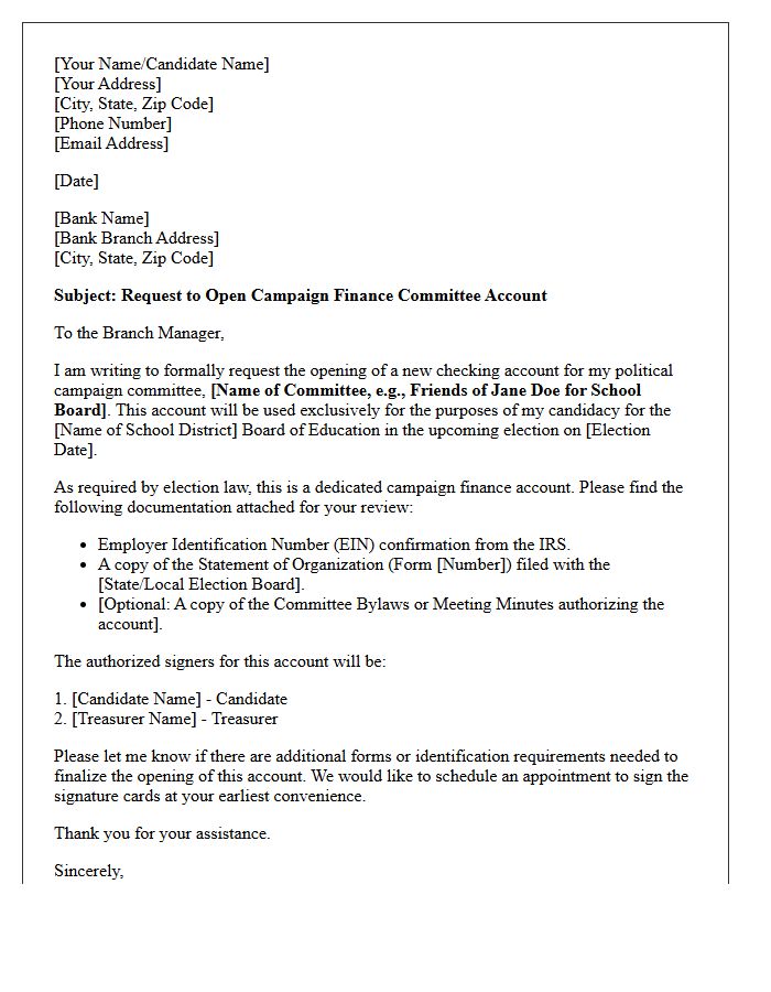 Letter of Request for School Board Campaign Finance Committee Account Opening