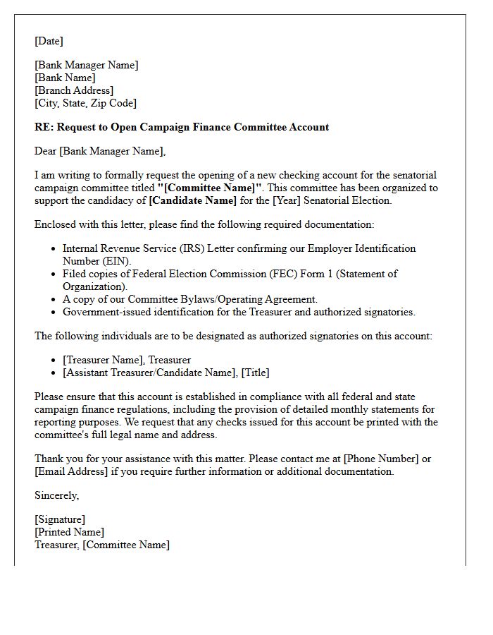 Letter of Request for Senatorial Campaign Finance Committee Account Opening