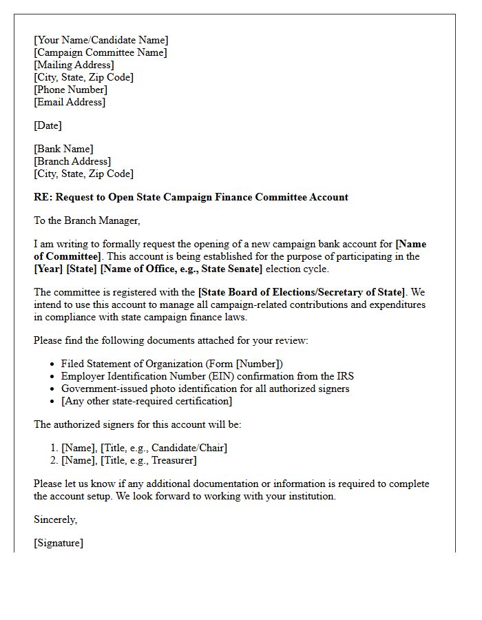 Letter of Request for State Campaign Finance Committee Account Opening