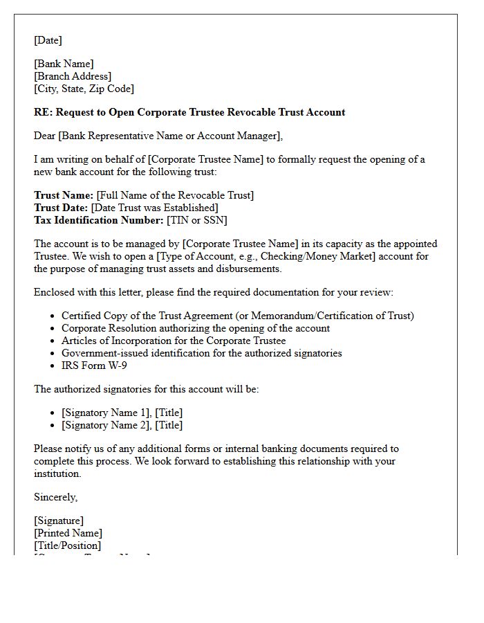 Letter of Request for Corporate Trustee Revocable Trust Account Opening