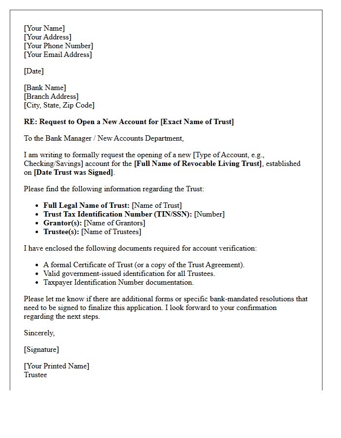 Letter of Request for Family Revocable Trust Account Opening