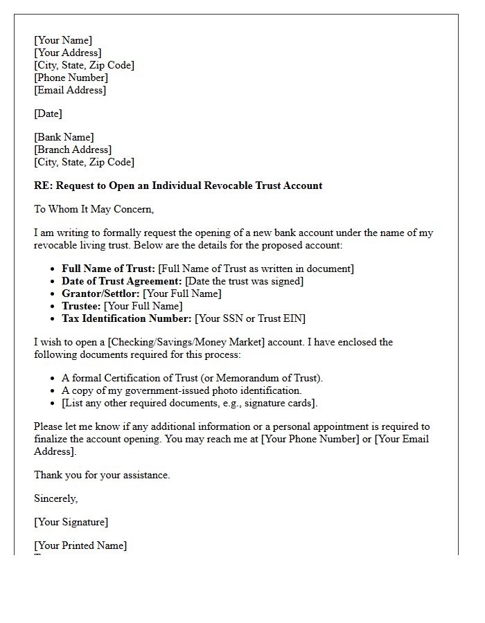 Letter of Request for Individual Revocable Trust Account Opening
