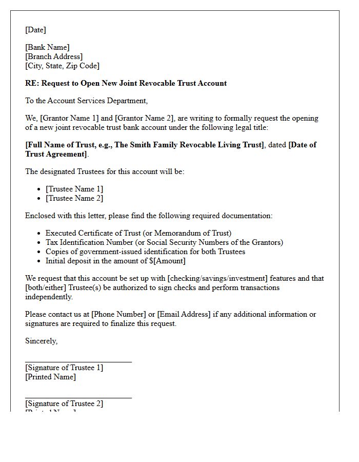Letter of Request for Joint Revocable Trust Account Opening