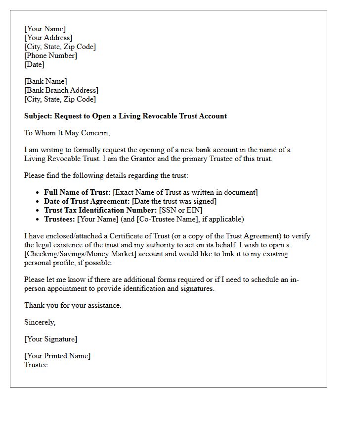 Letter of Request for Living Revocable Trust Account Opening