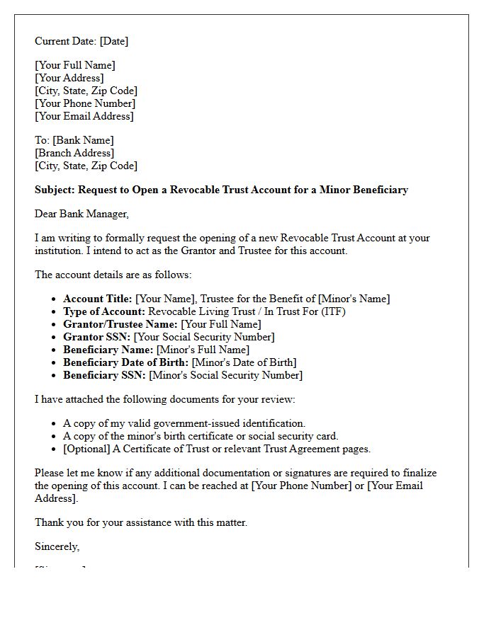 Letter of Request for Minor Beneficiary Revocable Trust Account Opening