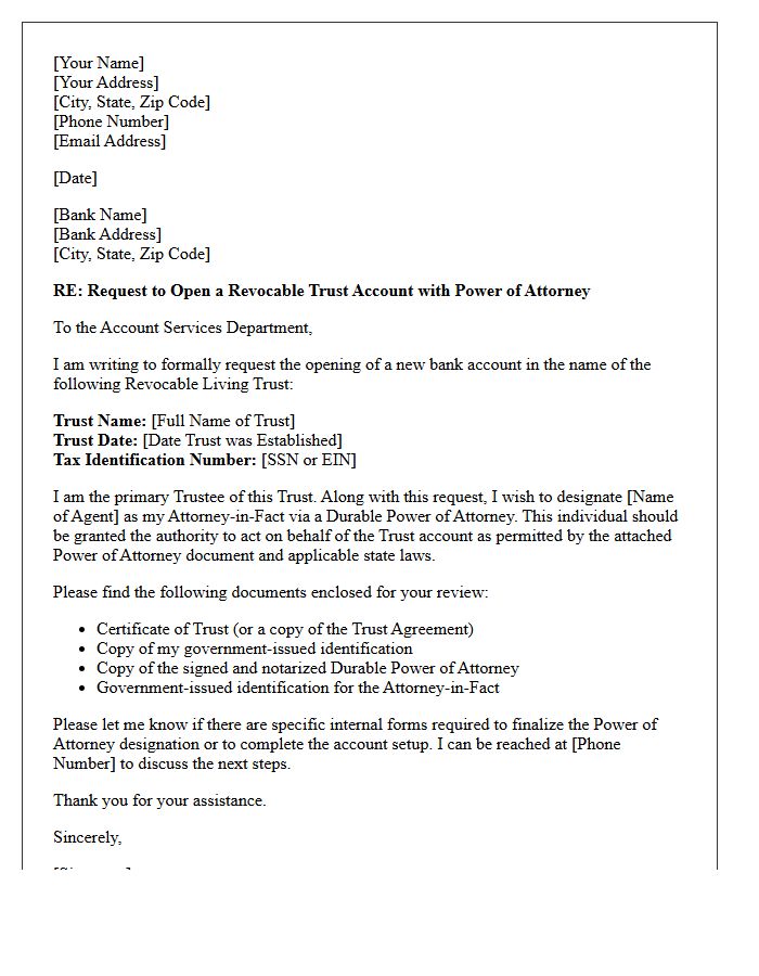 Letter of Request for Revocable Trust Account Opening with Power of Attorney