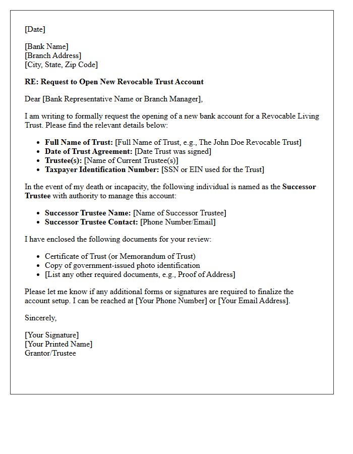 Letter of Request for Revocable Trust Account Opening with Successor Trustee