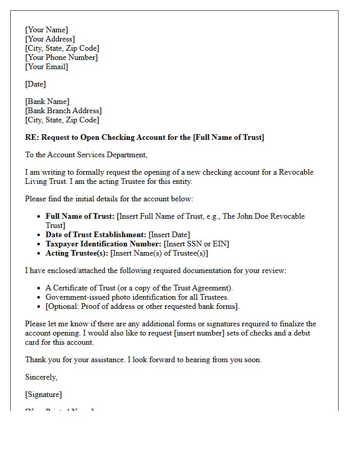 Letter of Request for Revocable Trust Checking Account Opening