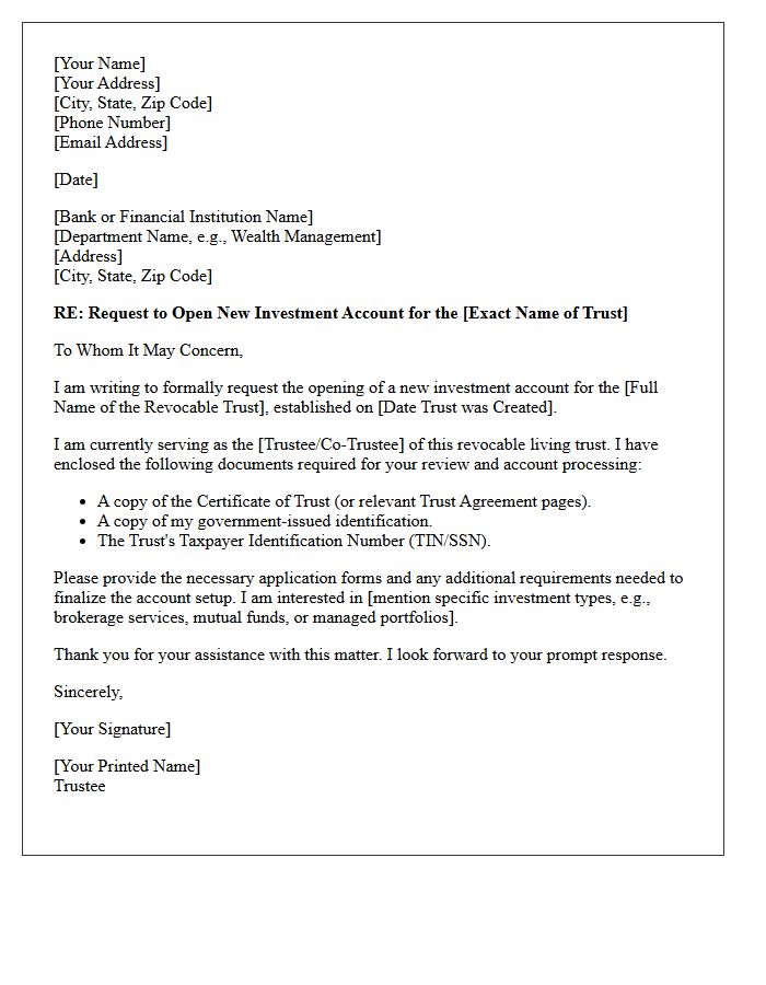 Letter of Request for Revocable Trust Investment Account Opening