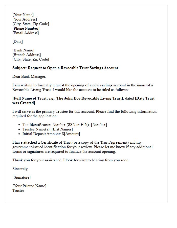 Letter of Request for Revocable Trust Savings Account Opening