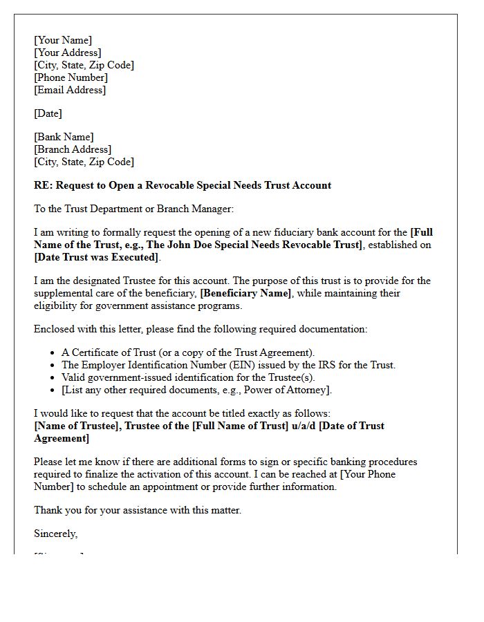 Letter of Request for Special Needs Revocable Trust Account Opening