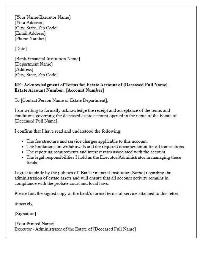 Letter of Acknowledgment of Deceased Estate Account Terms