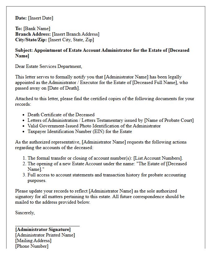 Letter of Appointment for Estate Account Administrator