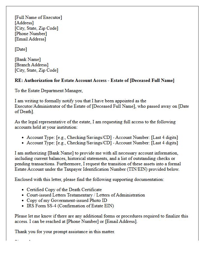 Letter of Authorization for Estate Account Executor Access