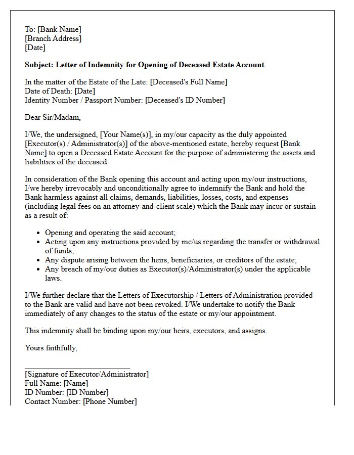 Letter of Indemnity for Deceased Estate Account Opening
