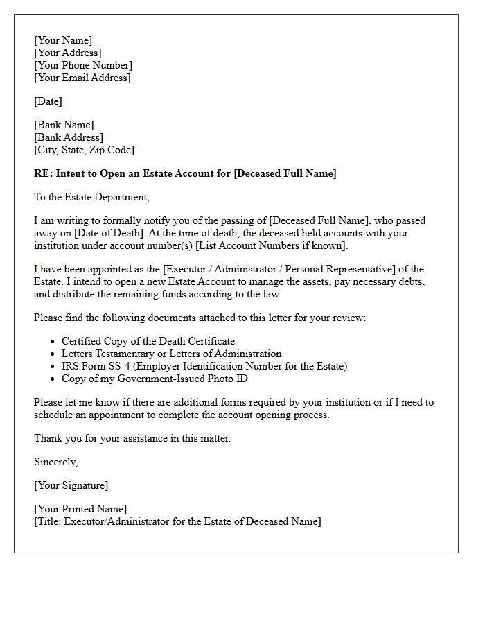 Letter of Intent to Establish a Deceased Estate Account