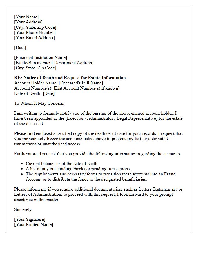Letter of Notification of Customer Death and Estate Account Request