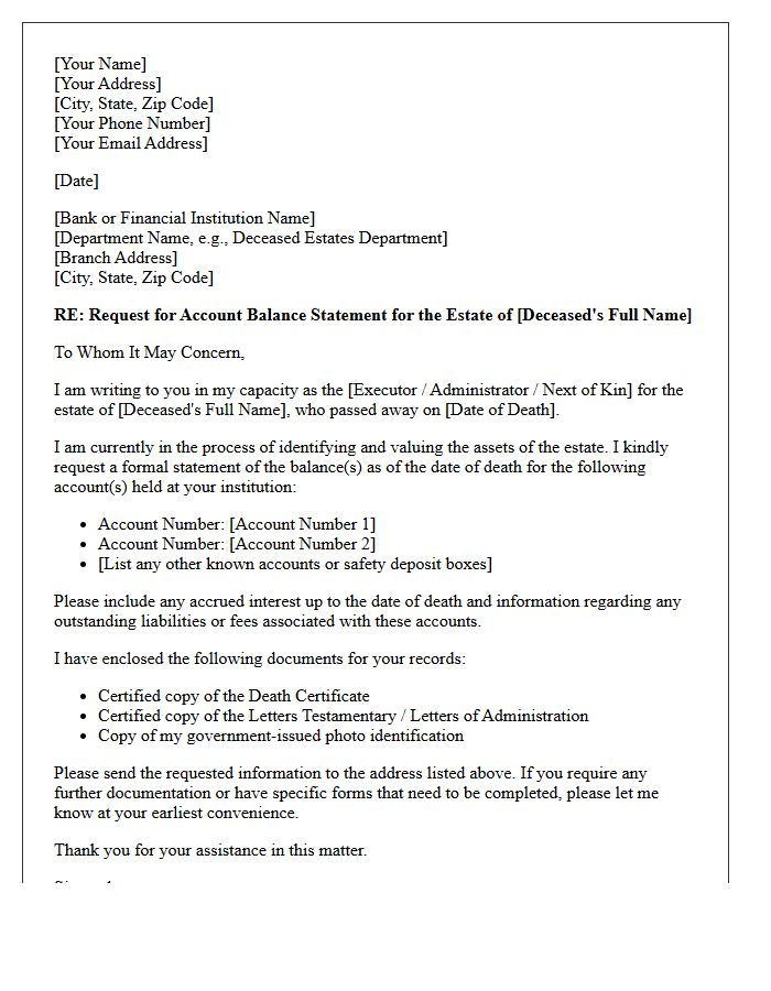 Letter of Request for Deceased Estate Account Balance Statement