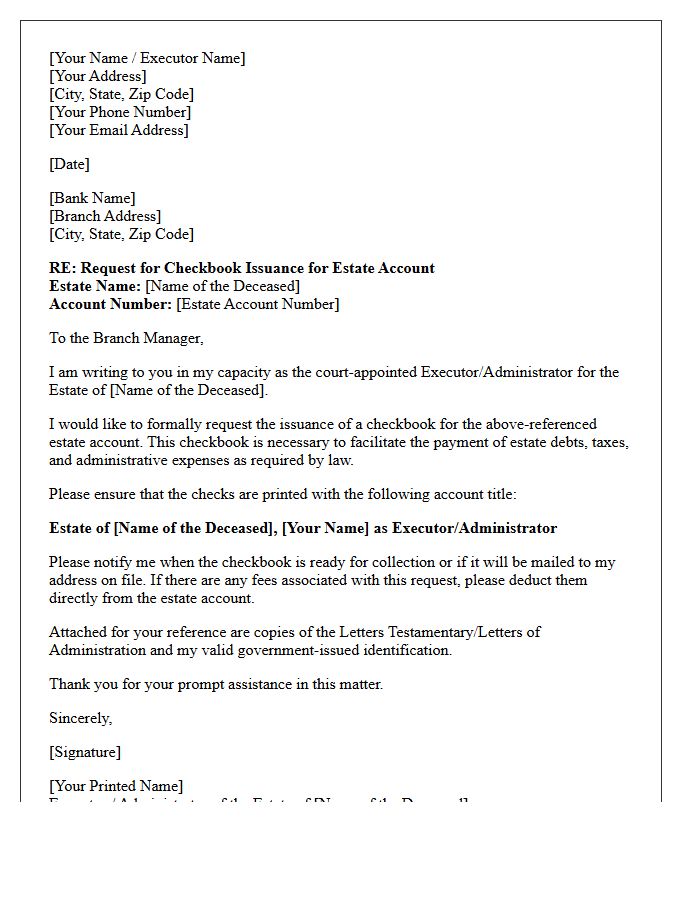 Letter of Request for Estate Account Checkbook Issuance