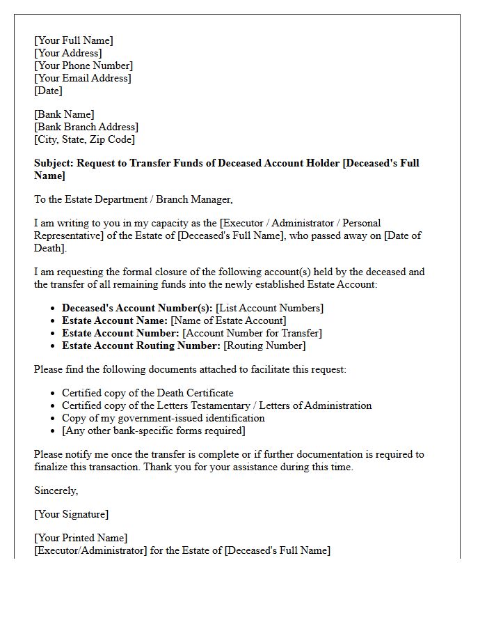 Letter of Request to Transfer Deceased Funds to Estate Account