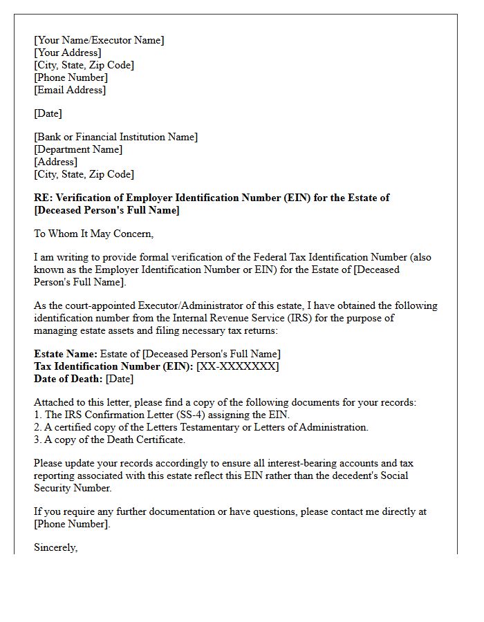 Letter of Verification for Deceased Estate Account Tax Identification Number