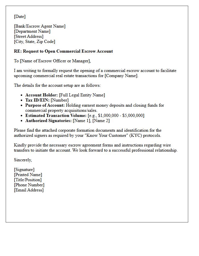 Letter of Request for Commercial Escrow Account Opening for Commercial Real Estate Transactions