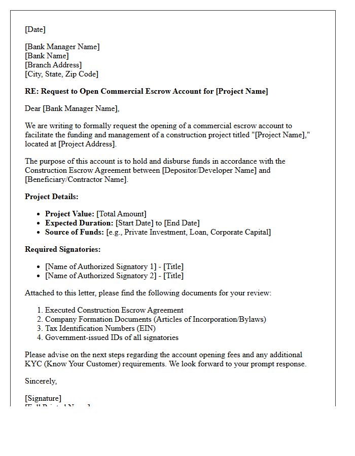 Letter of Request for Commercial Escrow Account Opening for Construction Project Funding