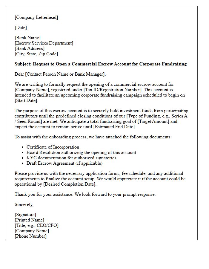 Letter of Request for Commercial Escrow Account Opening for Corporate Fundraising Campaigns