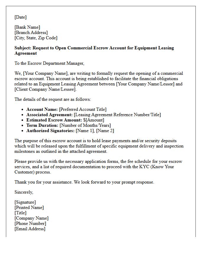 Letter of Request for Commercial Escrow Account Opening for Equipment Leasing Agreements