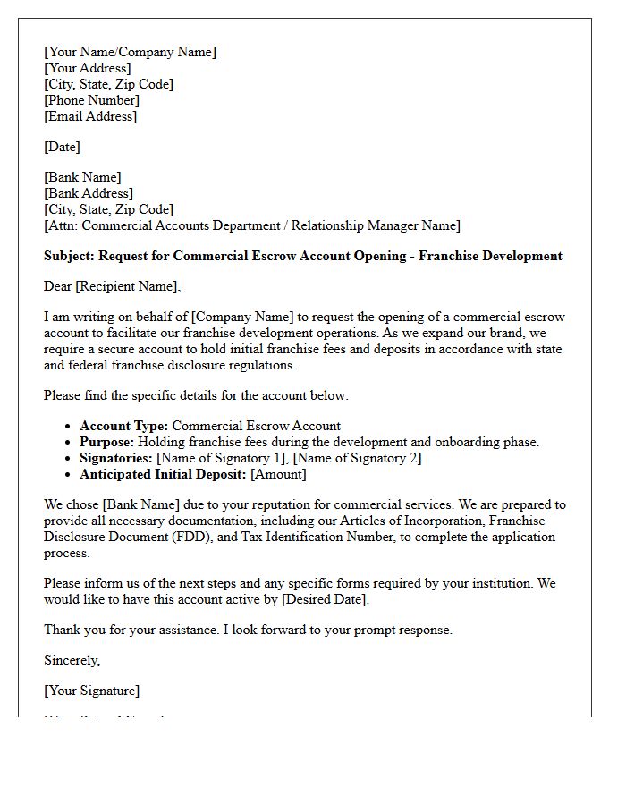 Letter of Request for Commercial Escrow Account Opening for Franchise Development