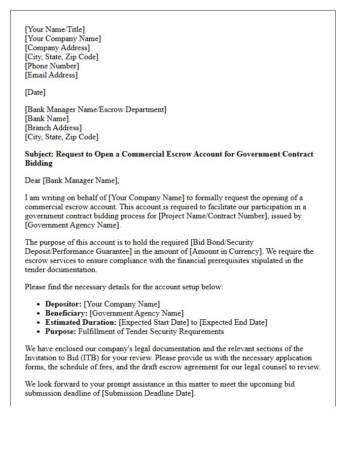 Letter of Request for Commercial Escrow Account Opening for Government Contract Bidding