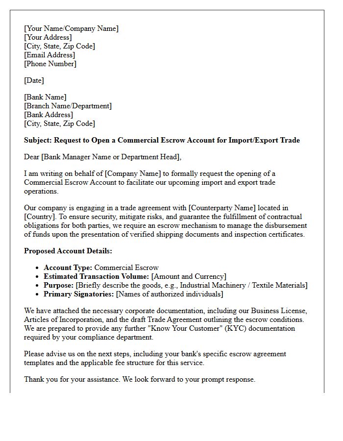 Letter of Request for Commercial Escrow Account Opening for Import and Export Trade