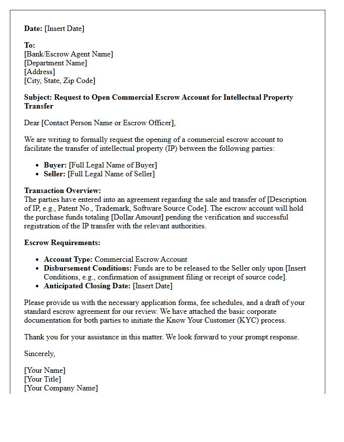 Letter of Request for Commercial Escrow Account Opening for Intellectual Property Transfers