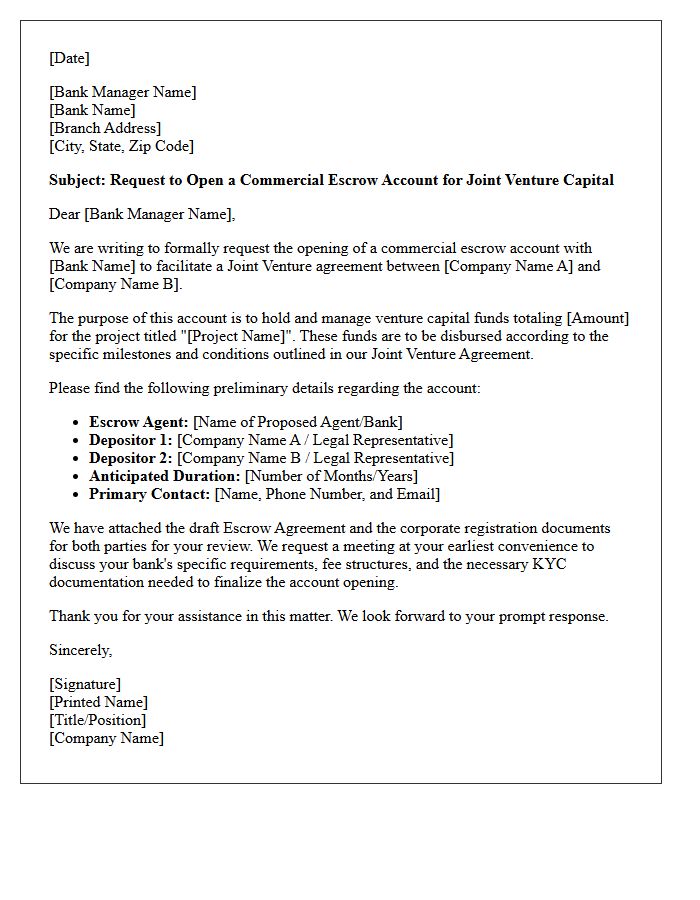 Letter of Request for Commercial Escrow Account Opening for Joint Venture Capital