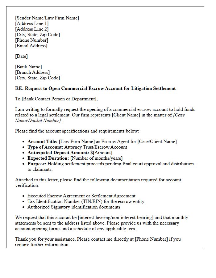 Letter of Request for Commercial Escrow Account Opening for Litigation Settlement Funds