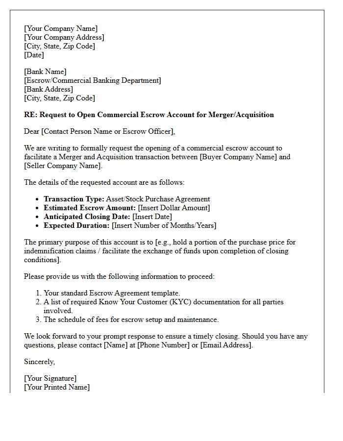 Letter of Request for Commercial Escrow Account Opening for Mergers and Acquisitions