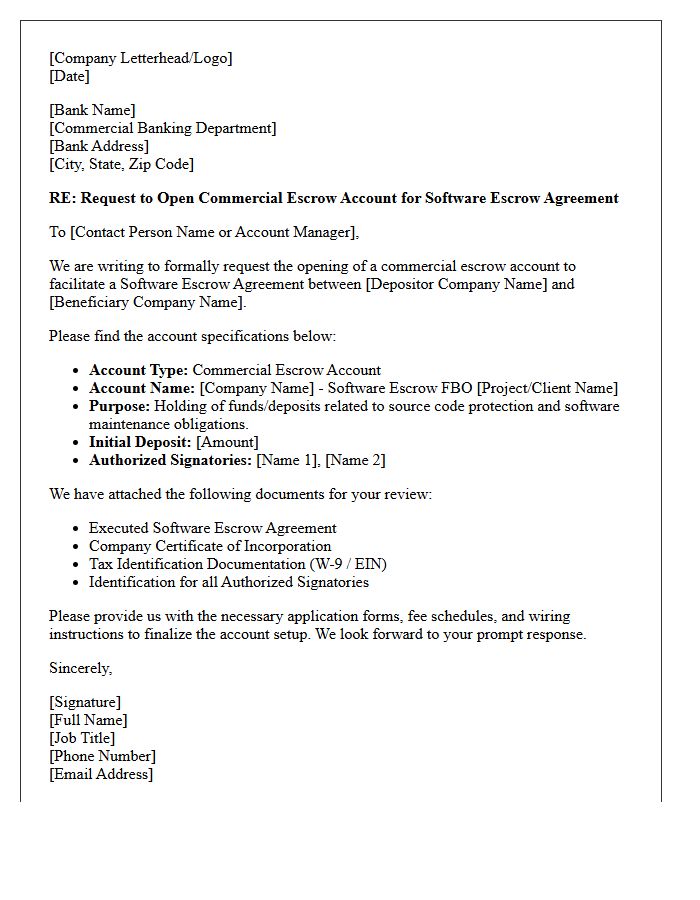 Letter of Request for Commercial Escrow Account Opening for Software Escrow Agreements