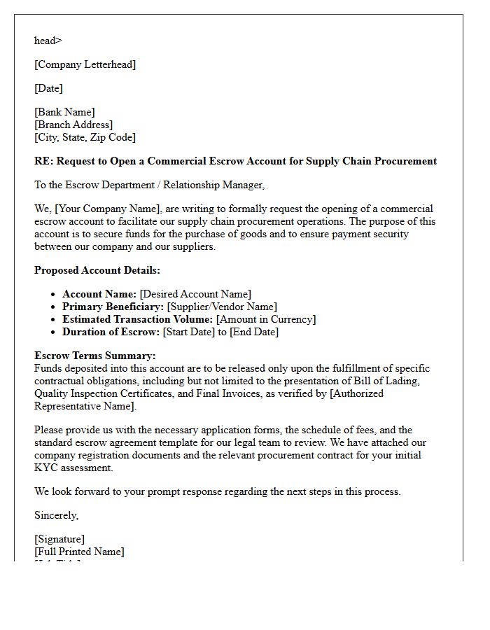 Letter of Request for Commercial Escrow Account Opening for Supply Chain Procurement