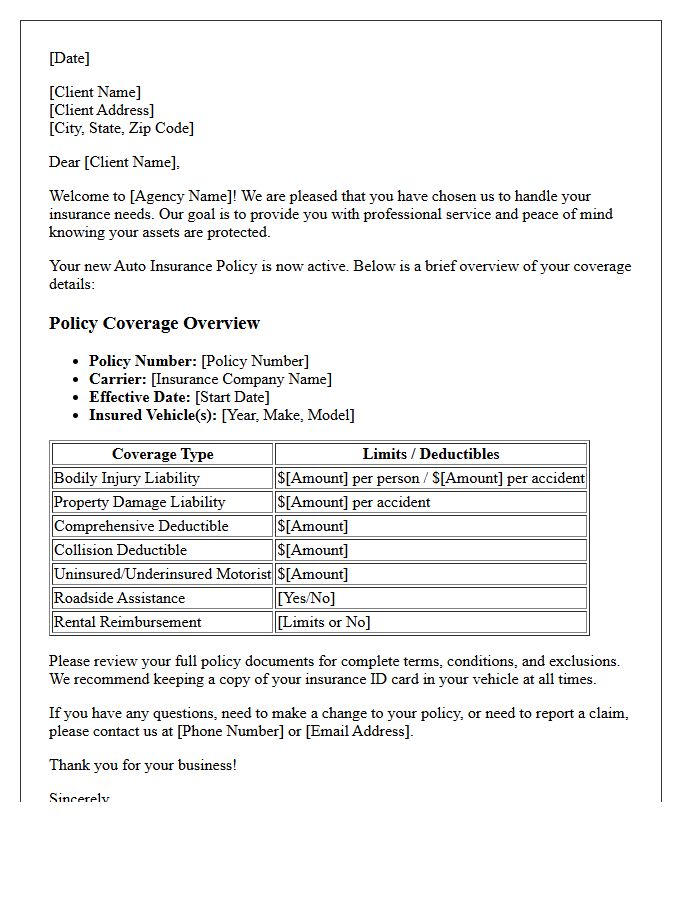 Agency Welcome Letter and Auto Policy Coverage Overview