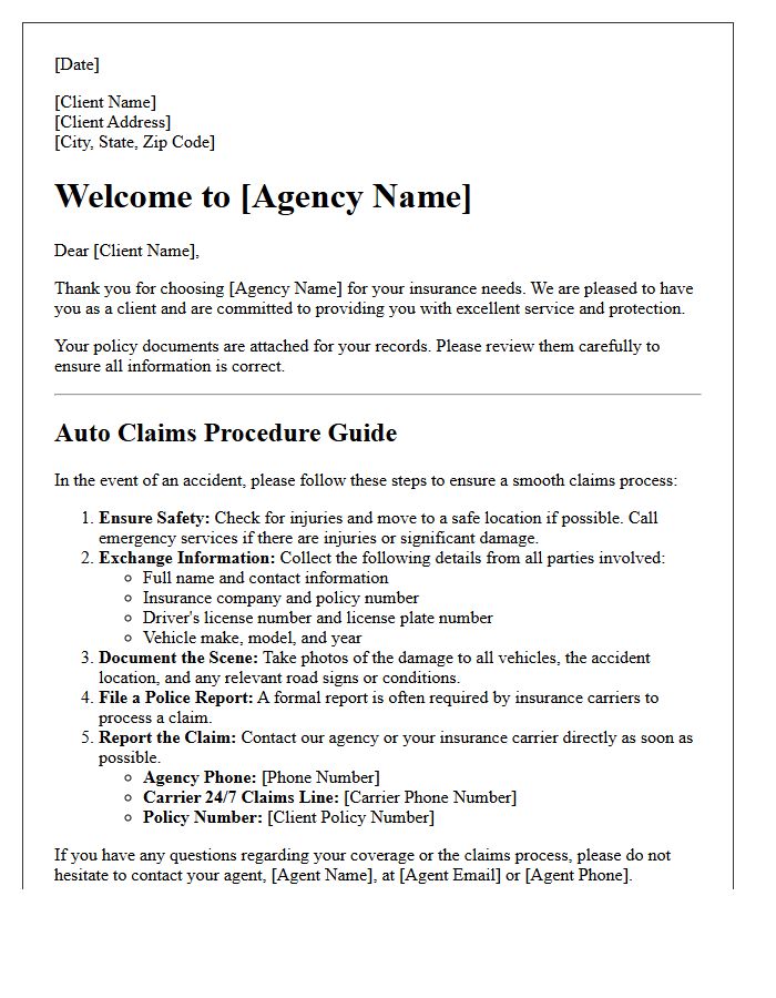 Agency Welcome Letter with Auto Claims Procedure Guide