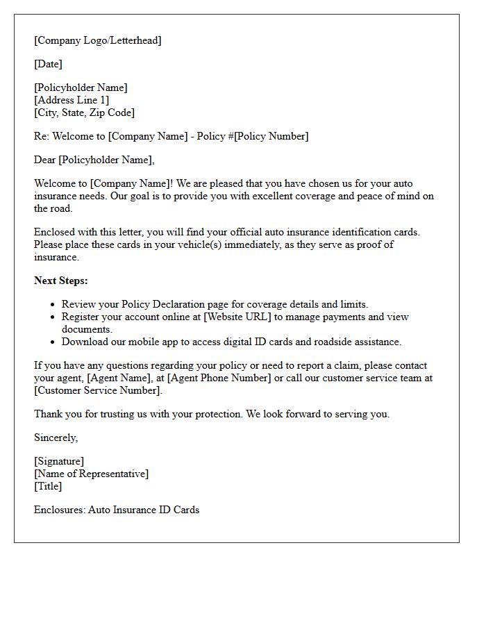New Auto Policyholder Welcome Letter with Enclosed ID Cards