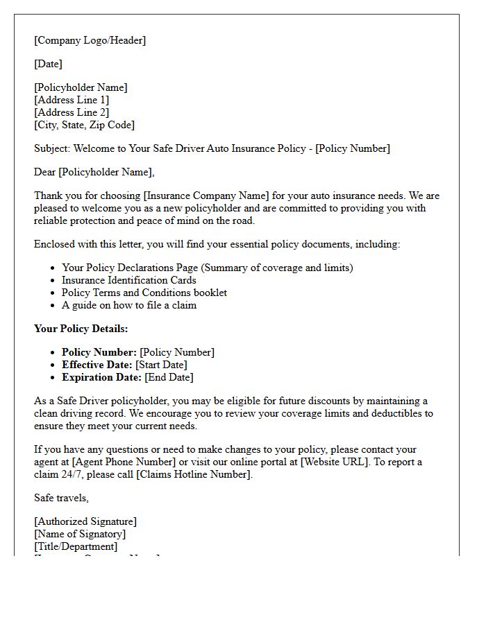 Safe Driver Auto Insurance Policyholder Welcome Letter